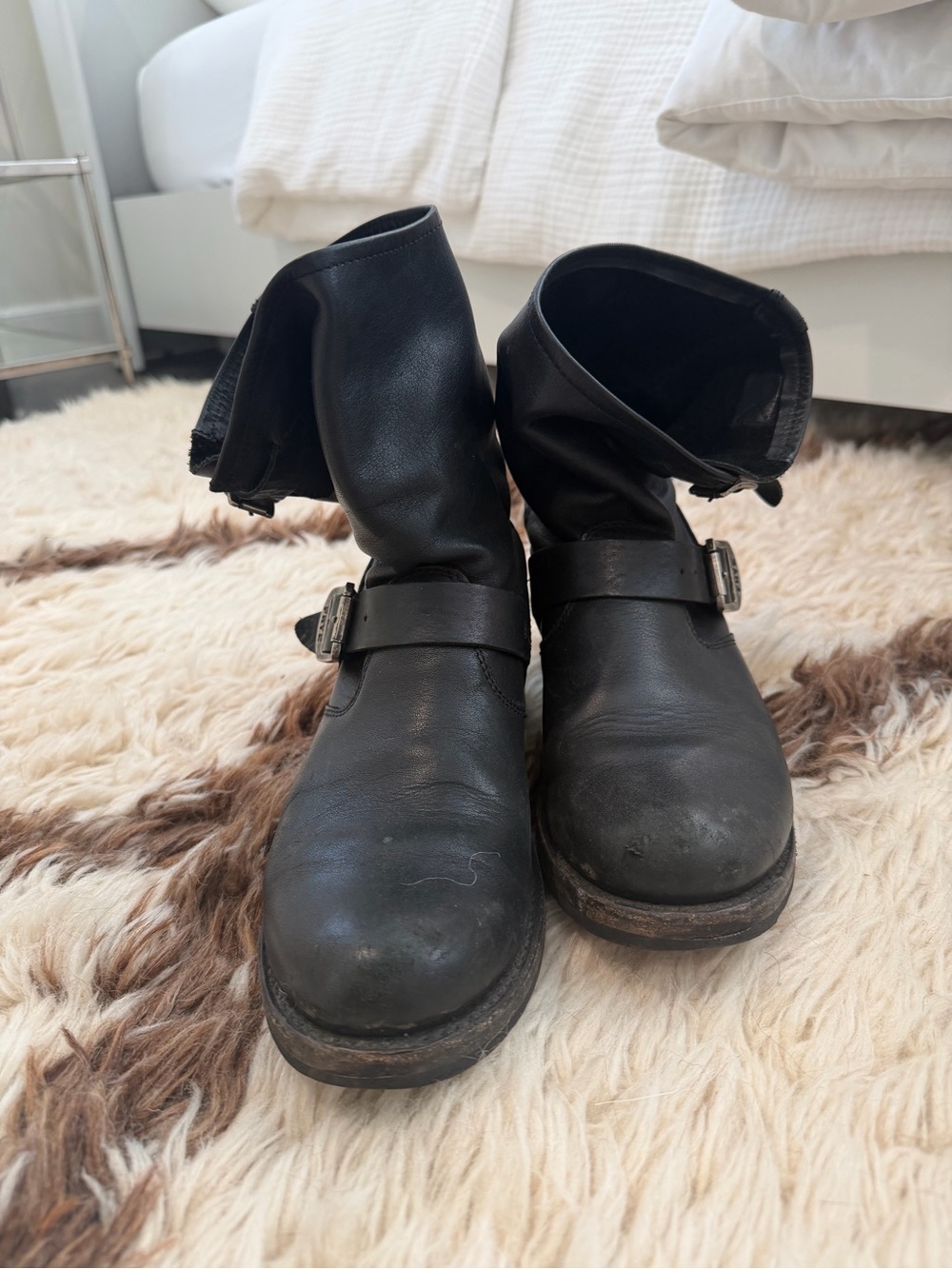 Frye Black Leather Buckle Ankle Boots